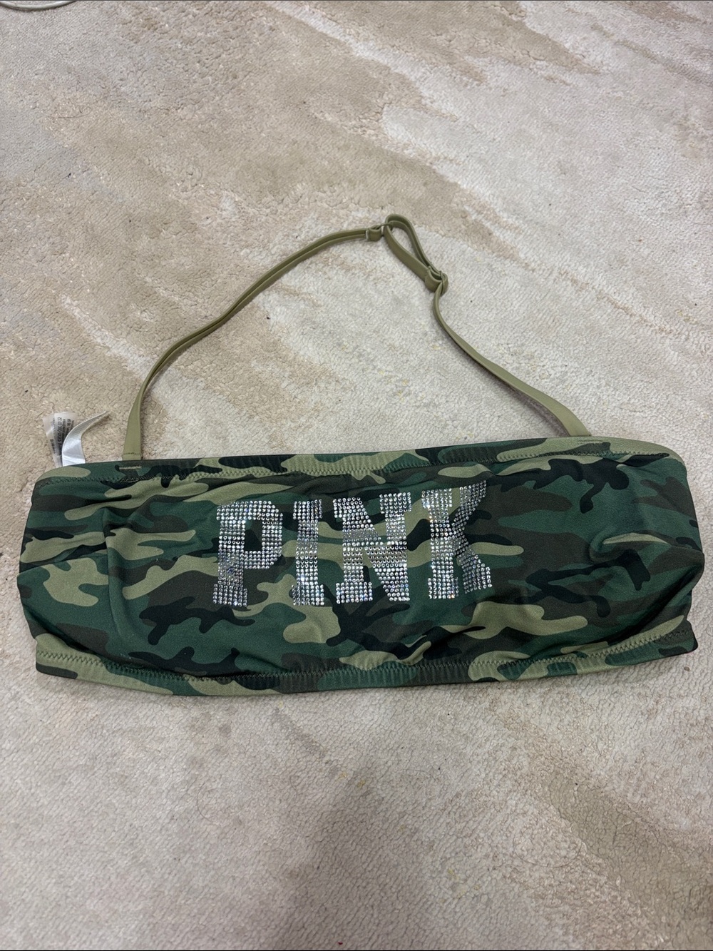Y2K—- PINK Victoria's Secret Camo Bandeau Top with Rhinestone Logo in Green